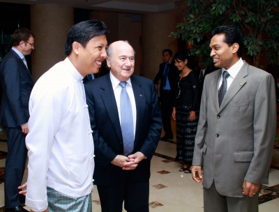 FIFA President Joseph. S. Blatter  and Myanmar Football Federation President U Zaw Zaw at Sedona Yangon with the Hotel Manager Saman Sarathchandra “sharing thoughts and views “